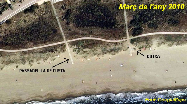 Imagen de satlite del tramo de playa de Gav Mar comprendido entre la Escuela Gav Mar y el edificio de oficinas (Marzo del ao 2010)